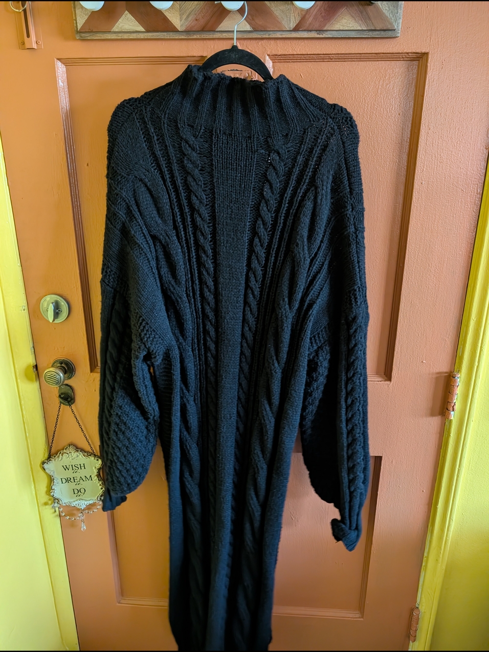 Plus Size Black Cable Knit Turtleneck Long Women's Sweater With Side Splits